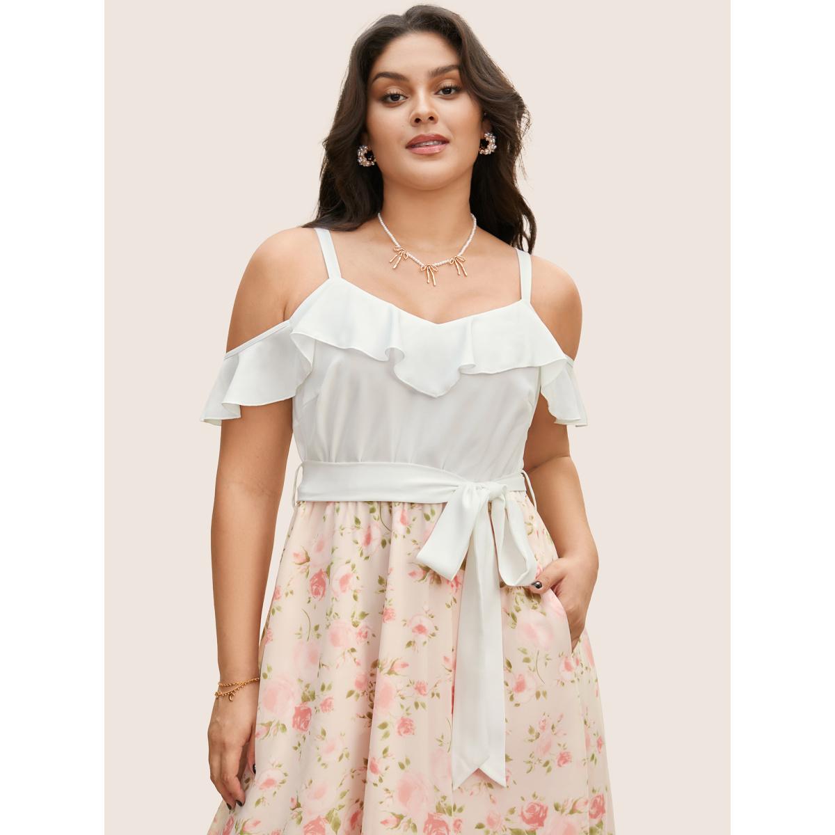 Plus Size Chiffon Floral Patchwork Ruffle Trim Midi Dress Nudepink Women Elegant Belted V-neck Cap Sleeve Curvy BloomChic 18-20/2X Product Image