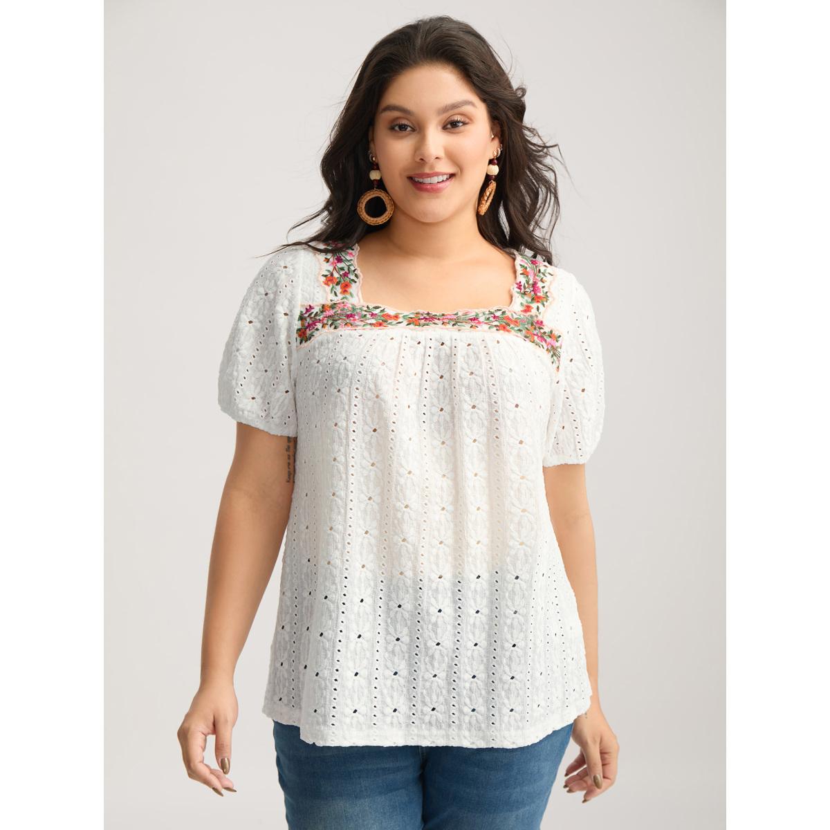 Plus Size Eyelet Trim Floral Embroidered Solid T-Shirt Opticwhite Women Romantic Woven ribbon&lace trim Square Neck Elegant T-shirts BloomChic 22-24/3X Product Image