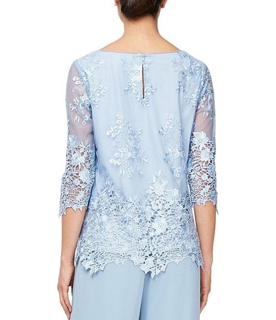 Alex Evenings Embroidered Stretch Tulle Scoop Neck 3/4 Sleeve Scallop Hem Blouse Product Image