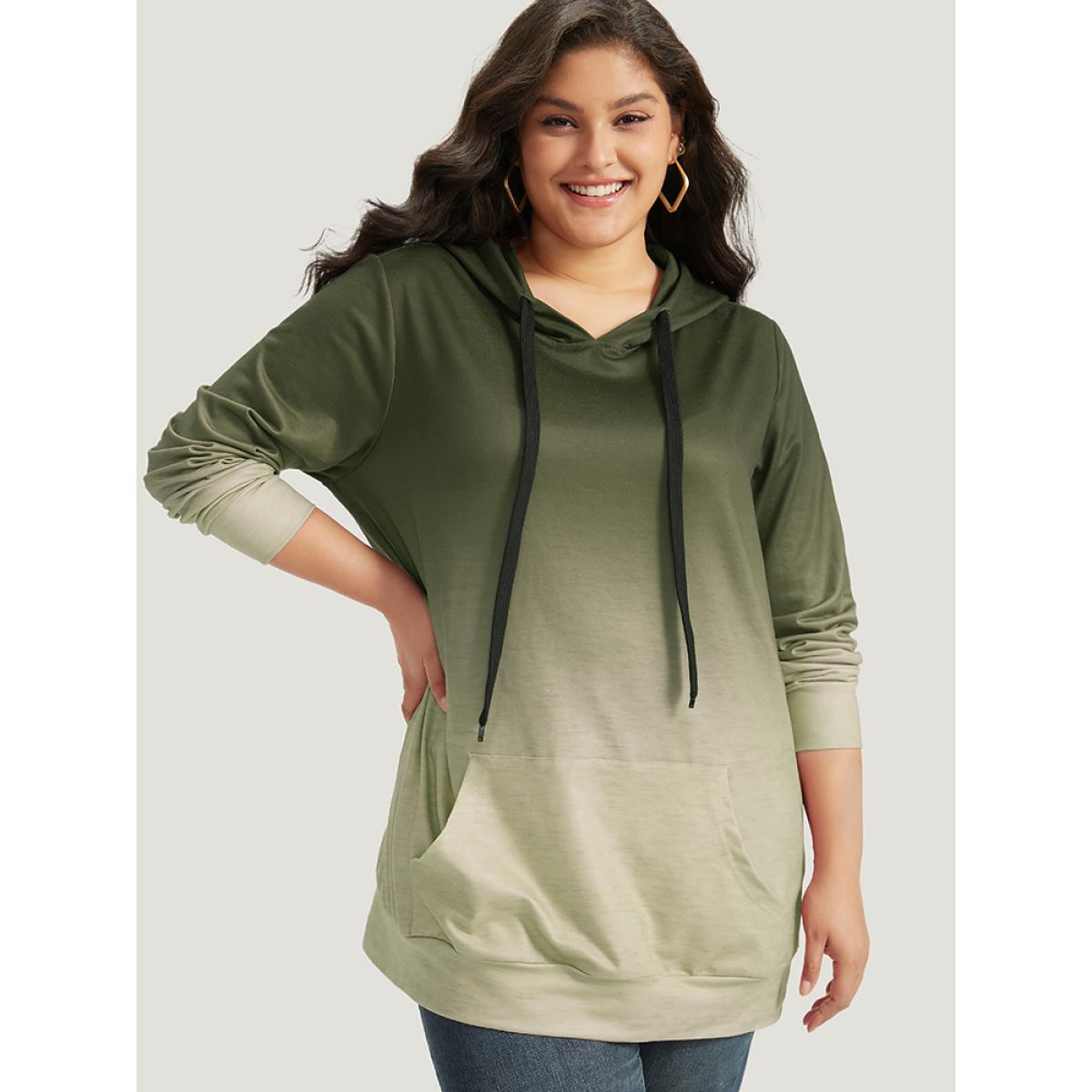 Plus Size Ombre Pocket Drawstring Hooded Sweatshirt Women Sage Leisure Elastic cuffs Hooded Casual Sweatshirts BloomChic 30/6X Product Image