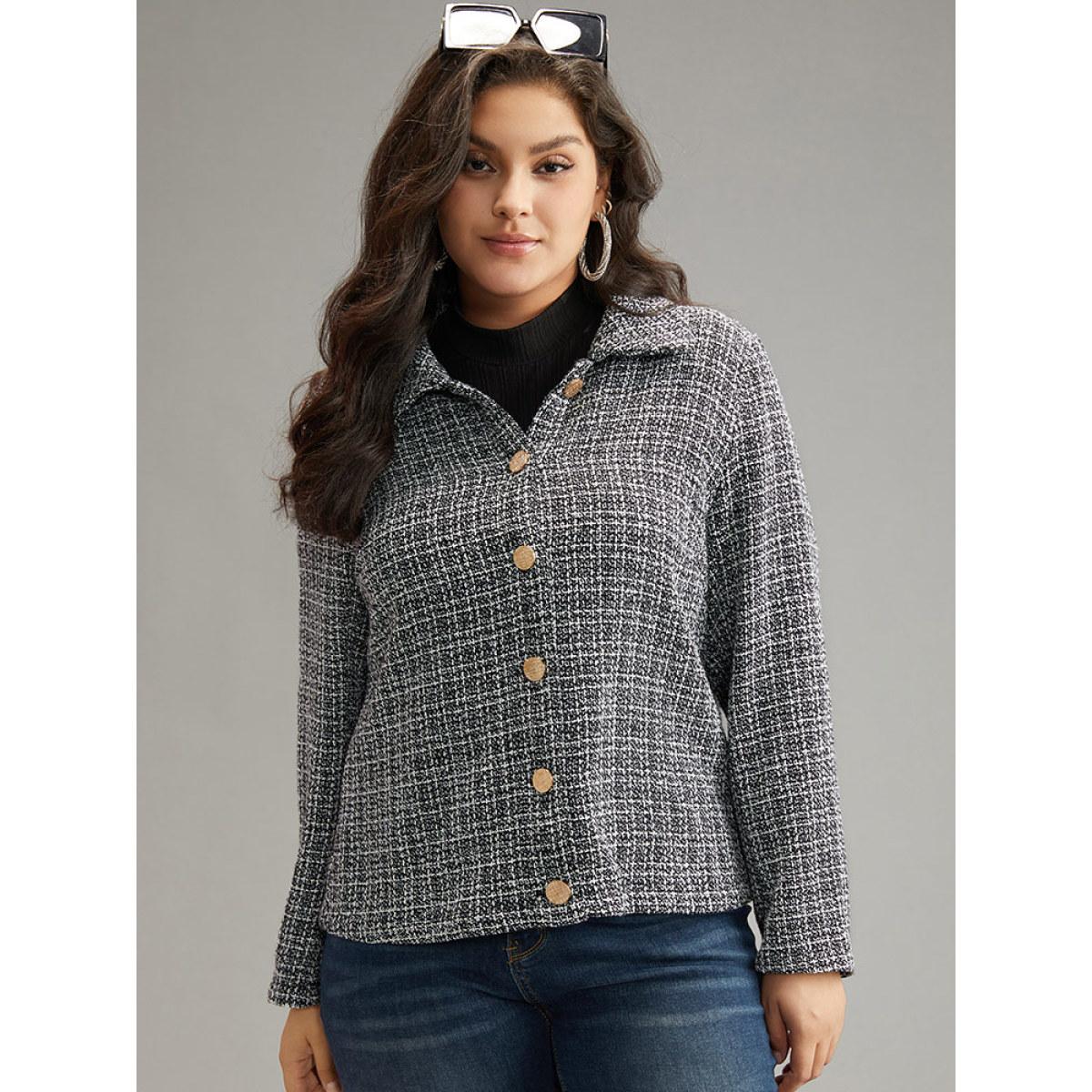 Plus Size Gingham Texture Lapel Collar Metal Detail Jacket Women Black Elegant Texture Ladies Everyday Winter Coats BloomChic 10/M Product Image