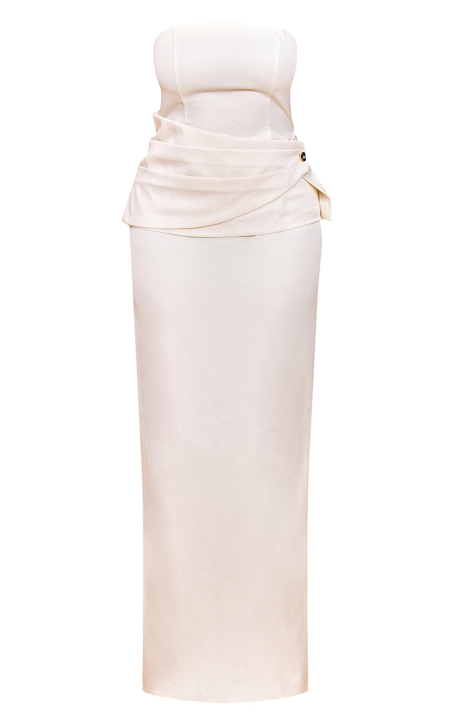 Shape Butter Cream Tailored Bandeau Wrap Over Gold Trim Maxi Dress Product Image