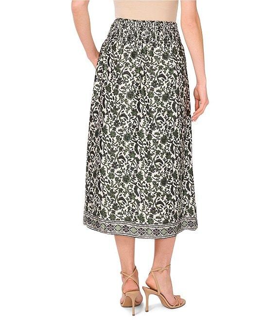 Vince Camuto Pull On Smocked Waist Printed Midi Skirt Product Image