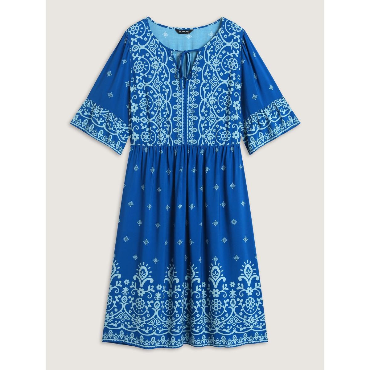 Plus Size Stretchy Waist Boho Print Midi Dress Skyblue Women Flat collar with V-notch Half Sleeve Curvy BloomChic 12/L Product Image