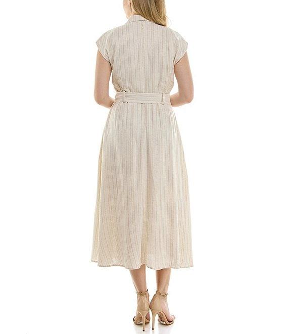 Moda Tara Notch Collar V-Neck Stripe Cap Sleeve Linen Midi Dress Product Image