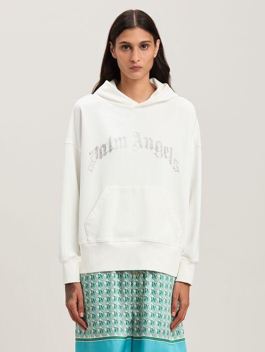 RHINESTONE CURVED LOGO HOODY OFF WHITE - Product Image