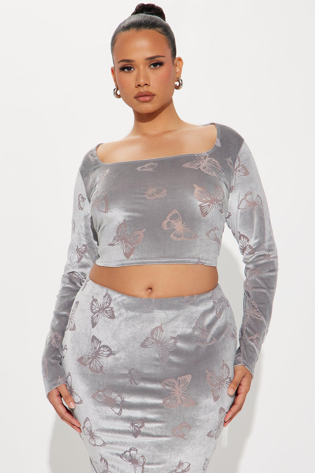 Lea Butterfly Velvet Skirt Set - Grey Product Image