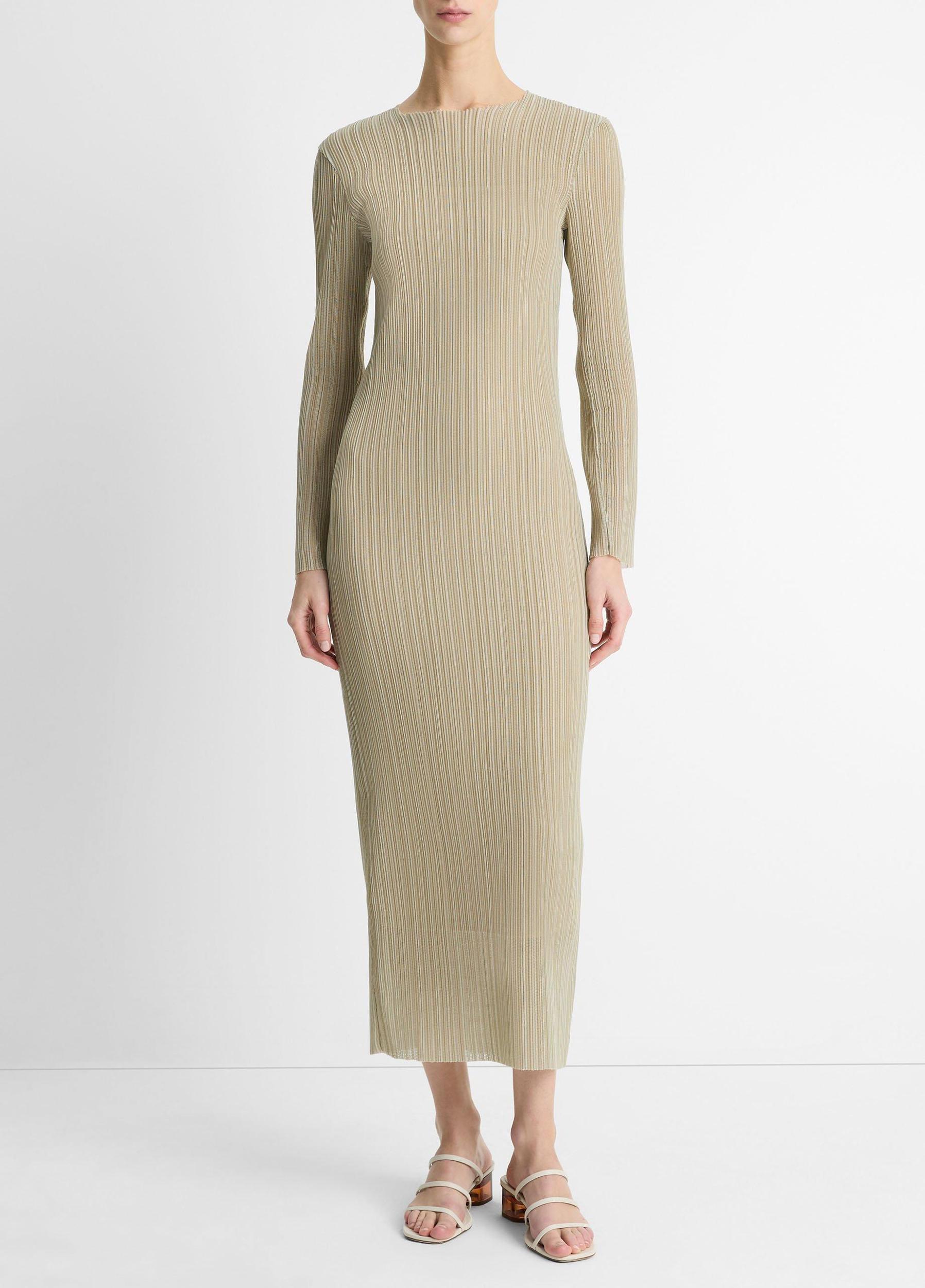Pleated Long-Sleeve Crew Neck Dress Product Image