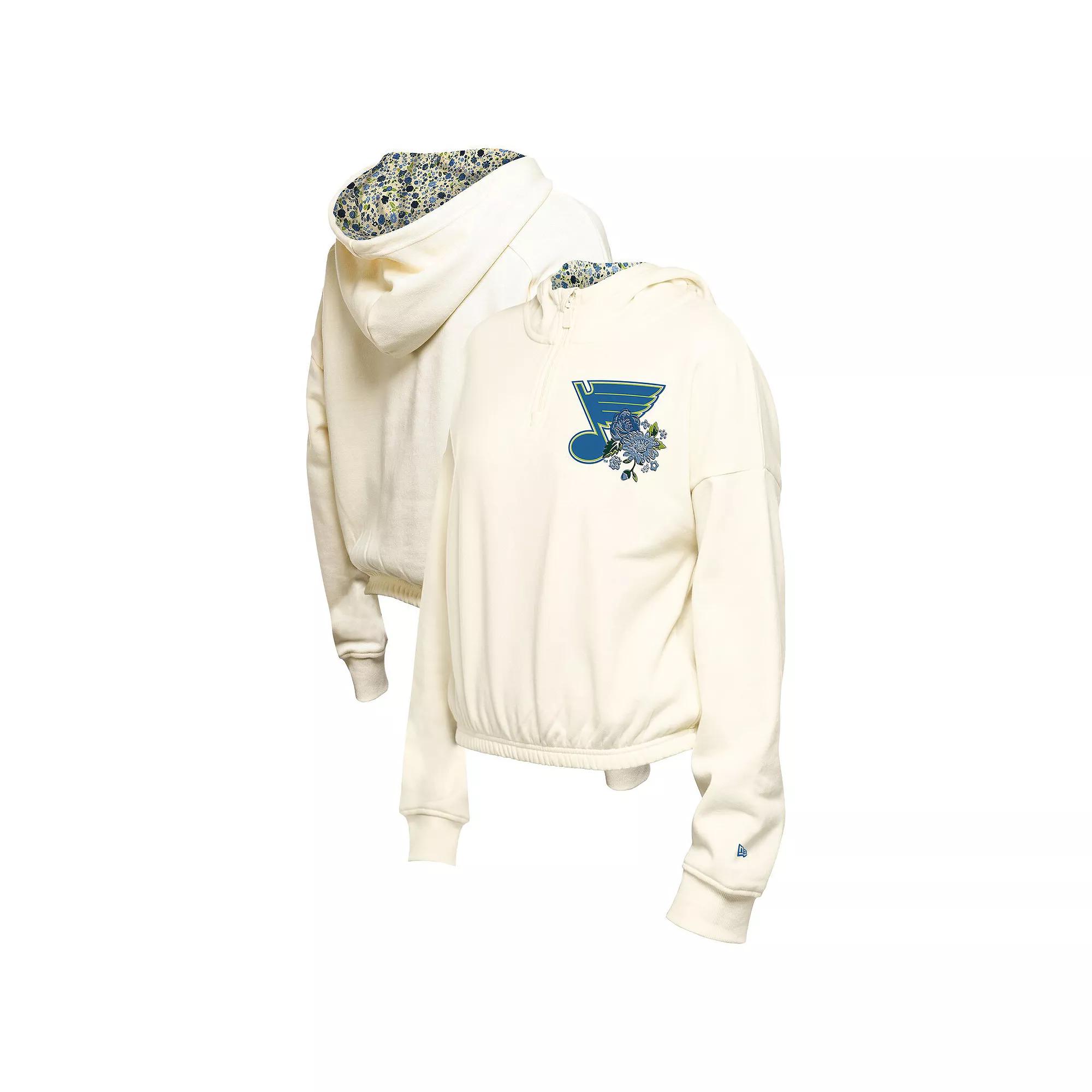 Women's New Era Cream St. Louis Blues Glam Game Quarter-Zip Cropped Floral Hoodie Pullover, Size: Large, Beige Product Image