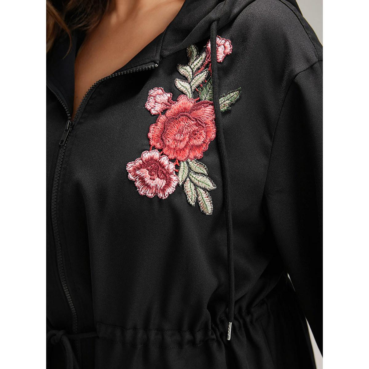 Plus Size Floral Embroidered Elastic Waist Hooded Drawstring Coat Women Black Zipper Pocket Dailywear Jackets BloomChic 12/L Product Image