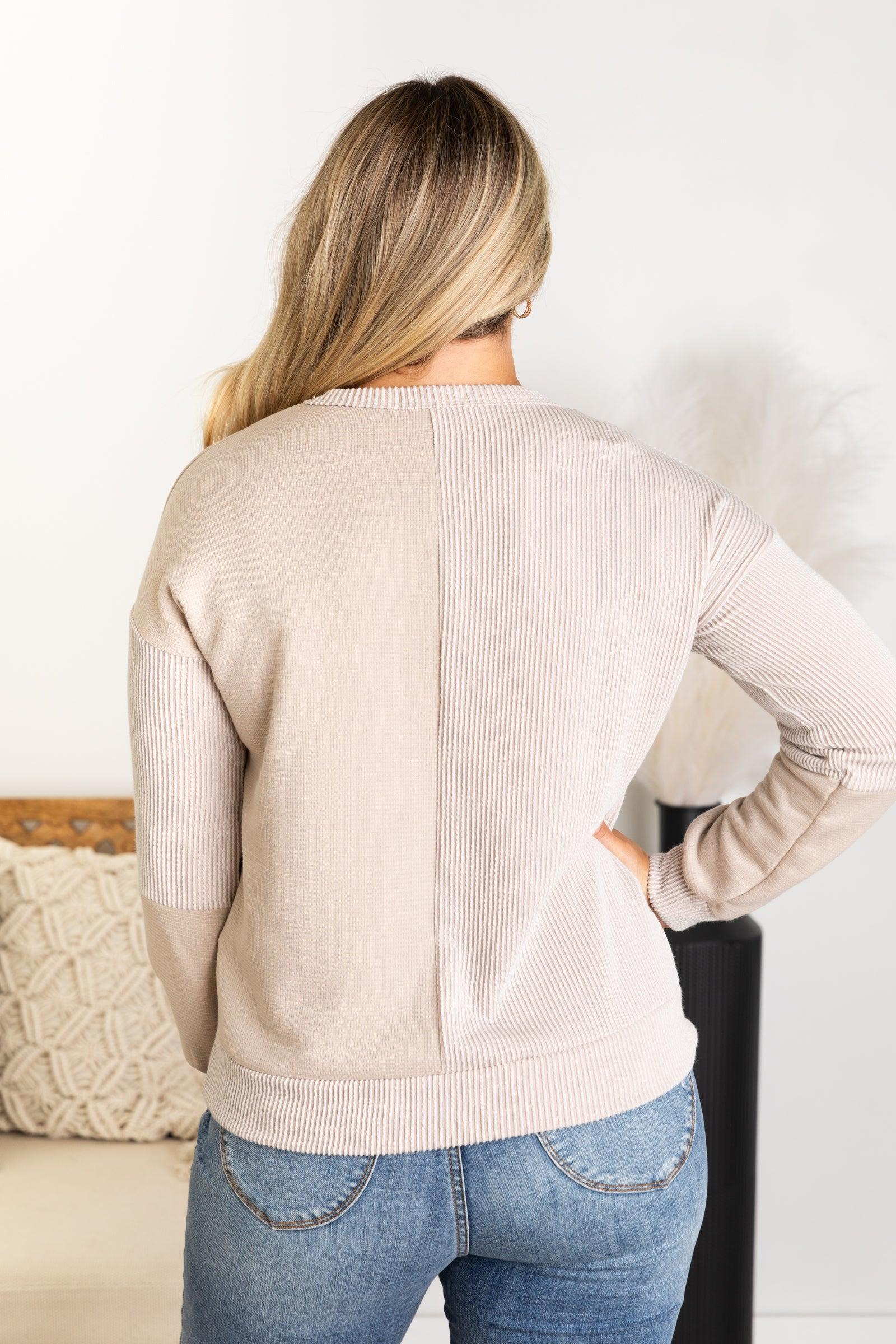Beige Colorblock Long Sleeve Knit Top Product Image