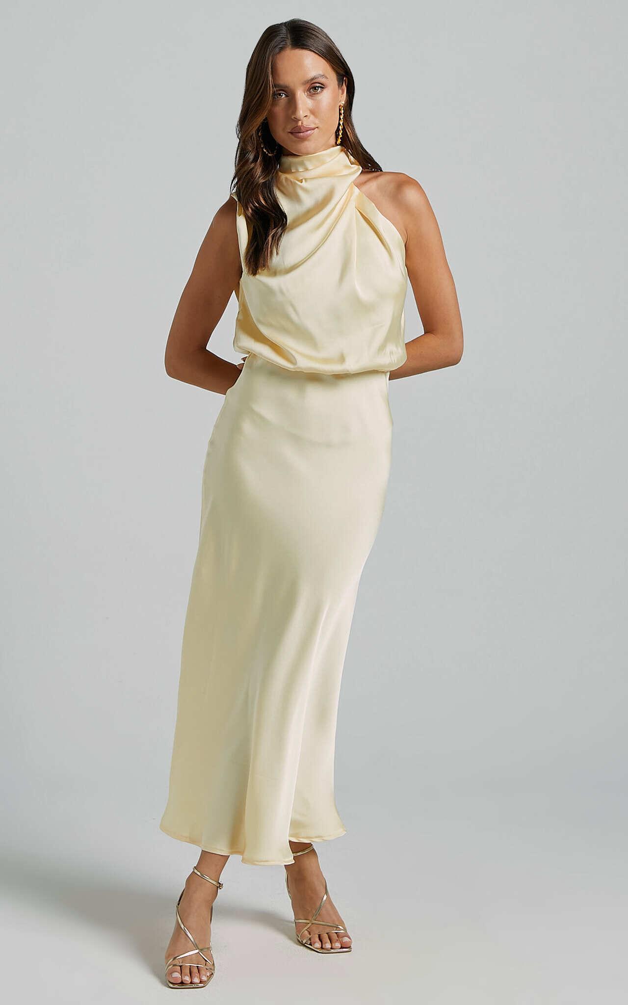 Minnie Midi Dress - Drape Neck Satin Slip Dress in Butter Yellow Product Image