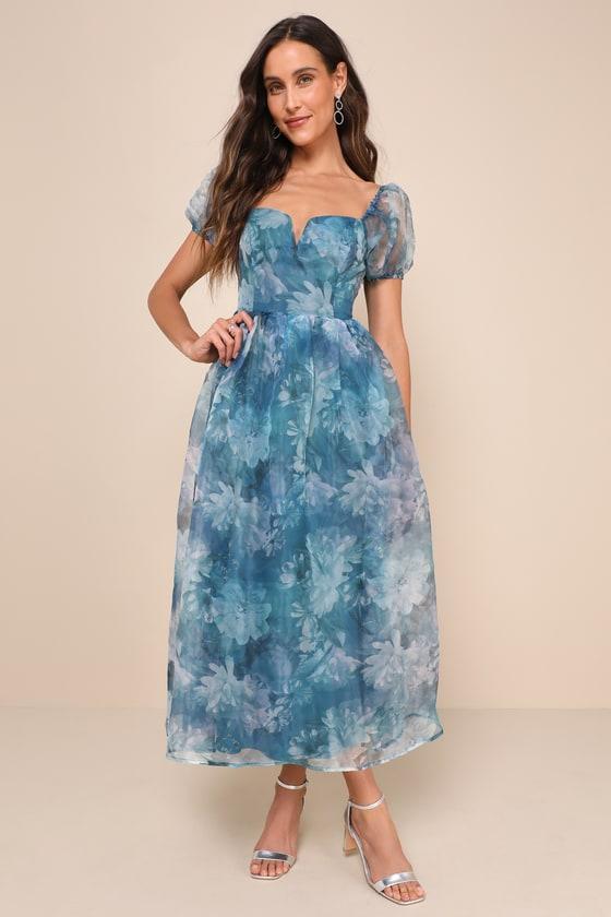 Lovely Statement Teal Blue Floral Organza Tie-Back Midi Dress Product Image