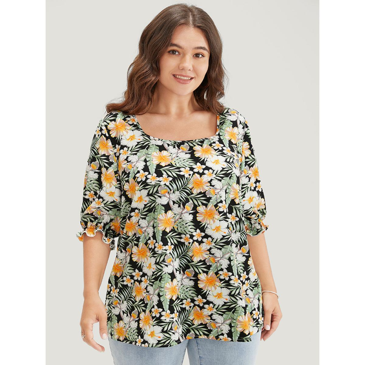 Plus Size BlackFlower Tropical Print Puff Sleeve Ruffles Trim Square Neck Blouse Women Vacation Elbow-length sleeve Square Neck Dailywear Blouses BloomChic 26/4X Product Image