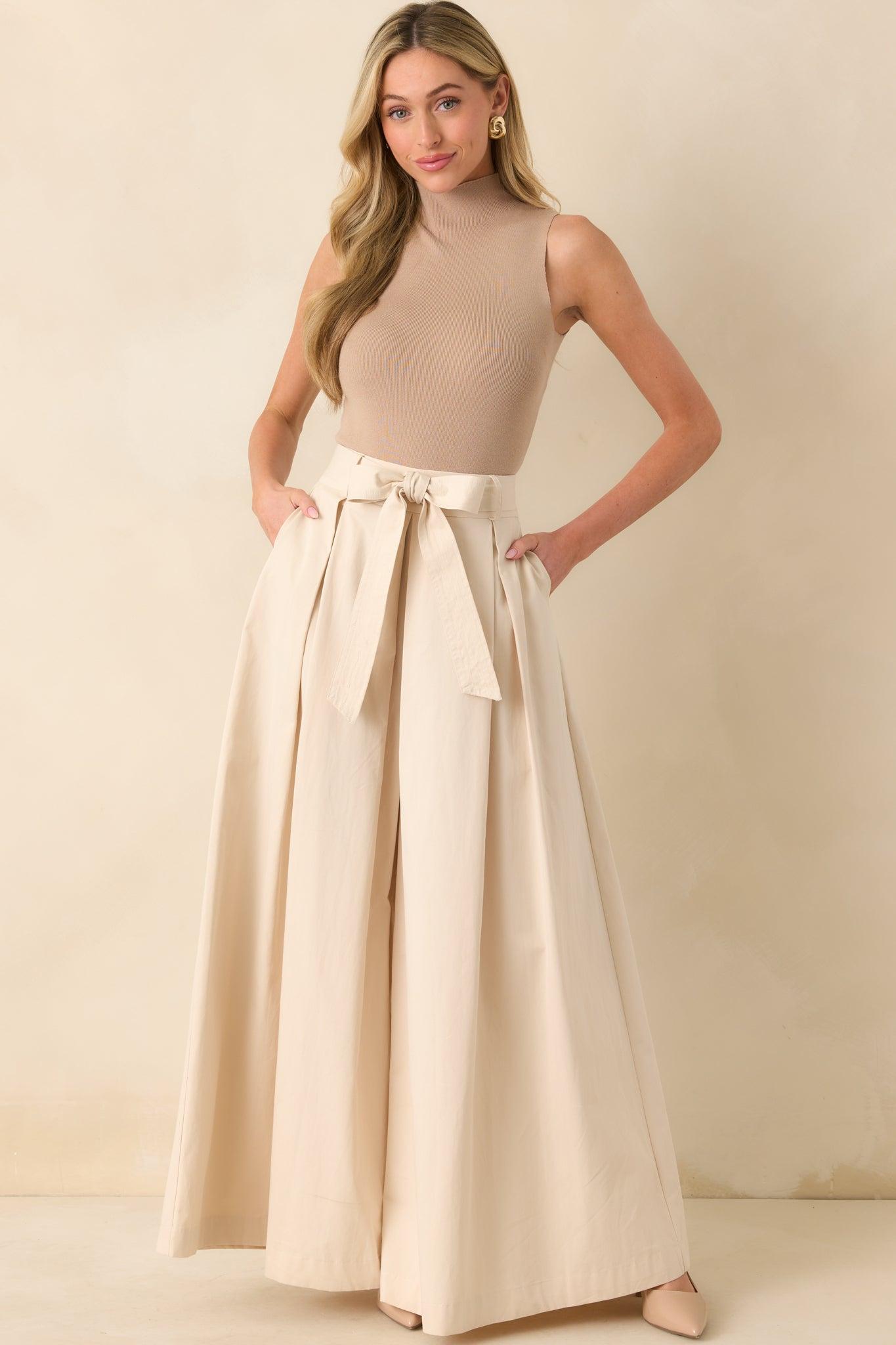 Taking Time Off Ecru Cotton Belted Palazzo Pants Product Image