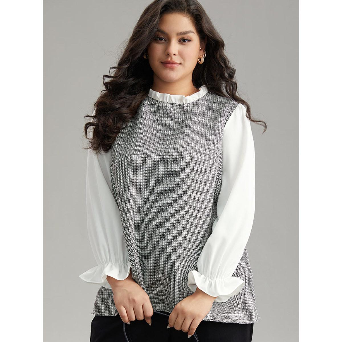 Plus Size White Gingham Ruffles Patchwork Frill Trim Blouse Women Office Long Sleeve Stand-up collar Office Blouses BloomChic 12/L Product Image