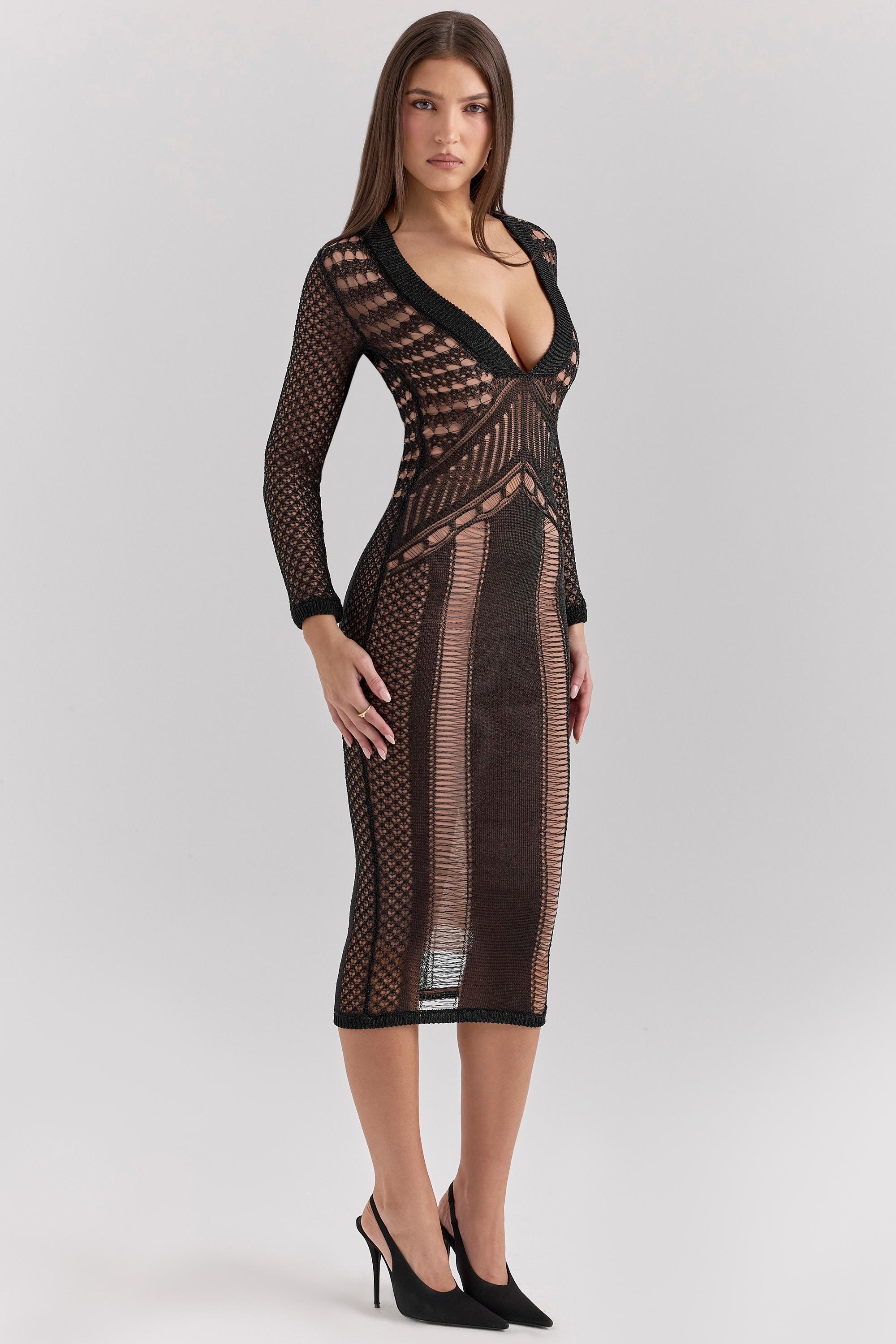 Loula  black plunge midi dress - sale Product Image