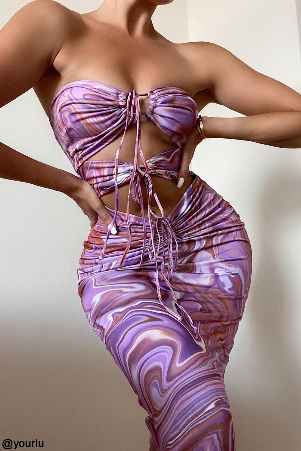 Kasia  purple swirl cutout midi dress Product Image