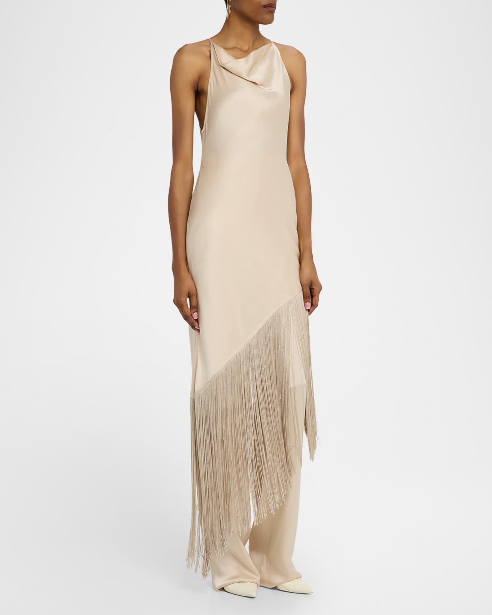 Satin Cowl-Neck Fringe Midi Dress Product Image