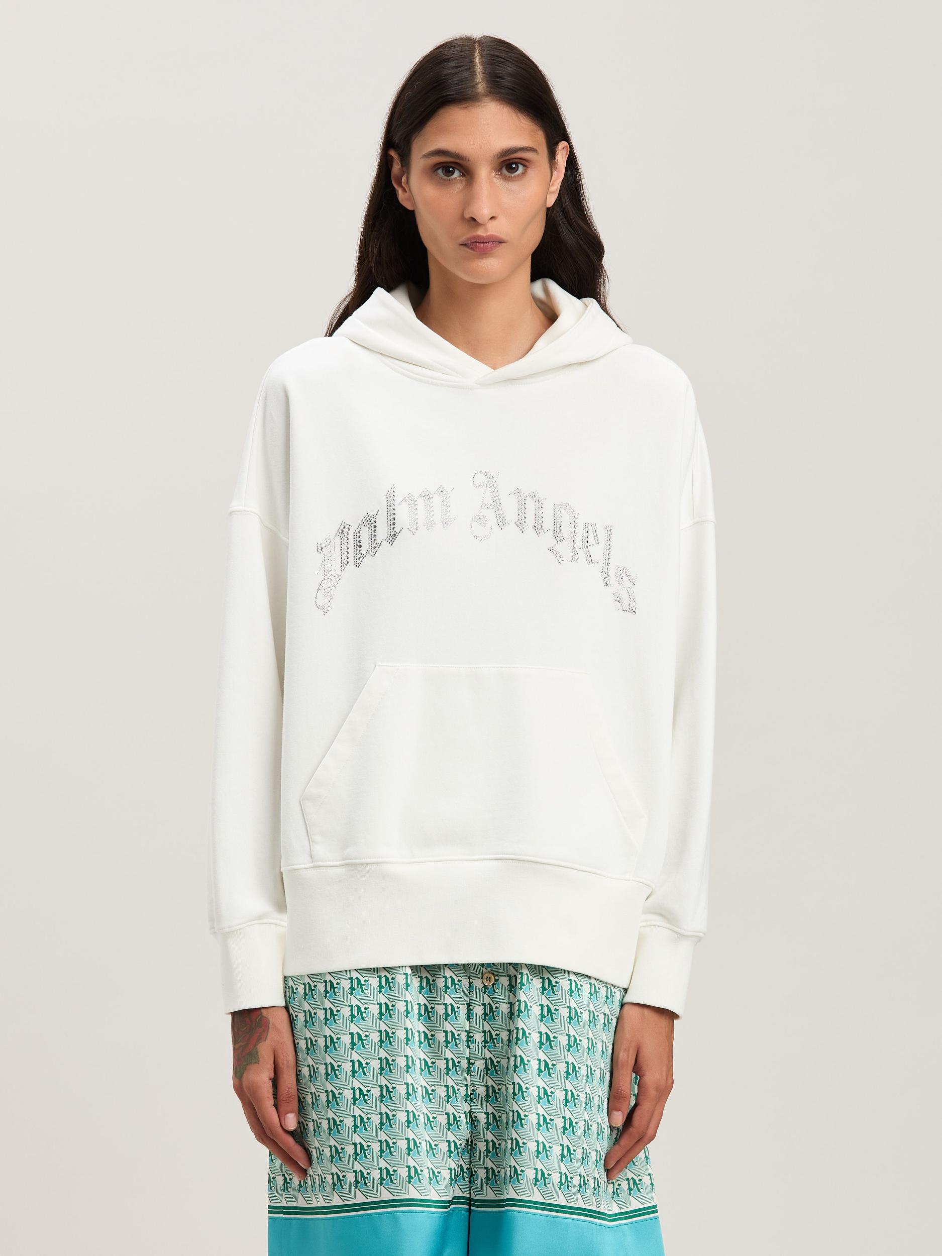 RHINESTONE CURVED LOGO HOODY OFF WHITE - Product Image