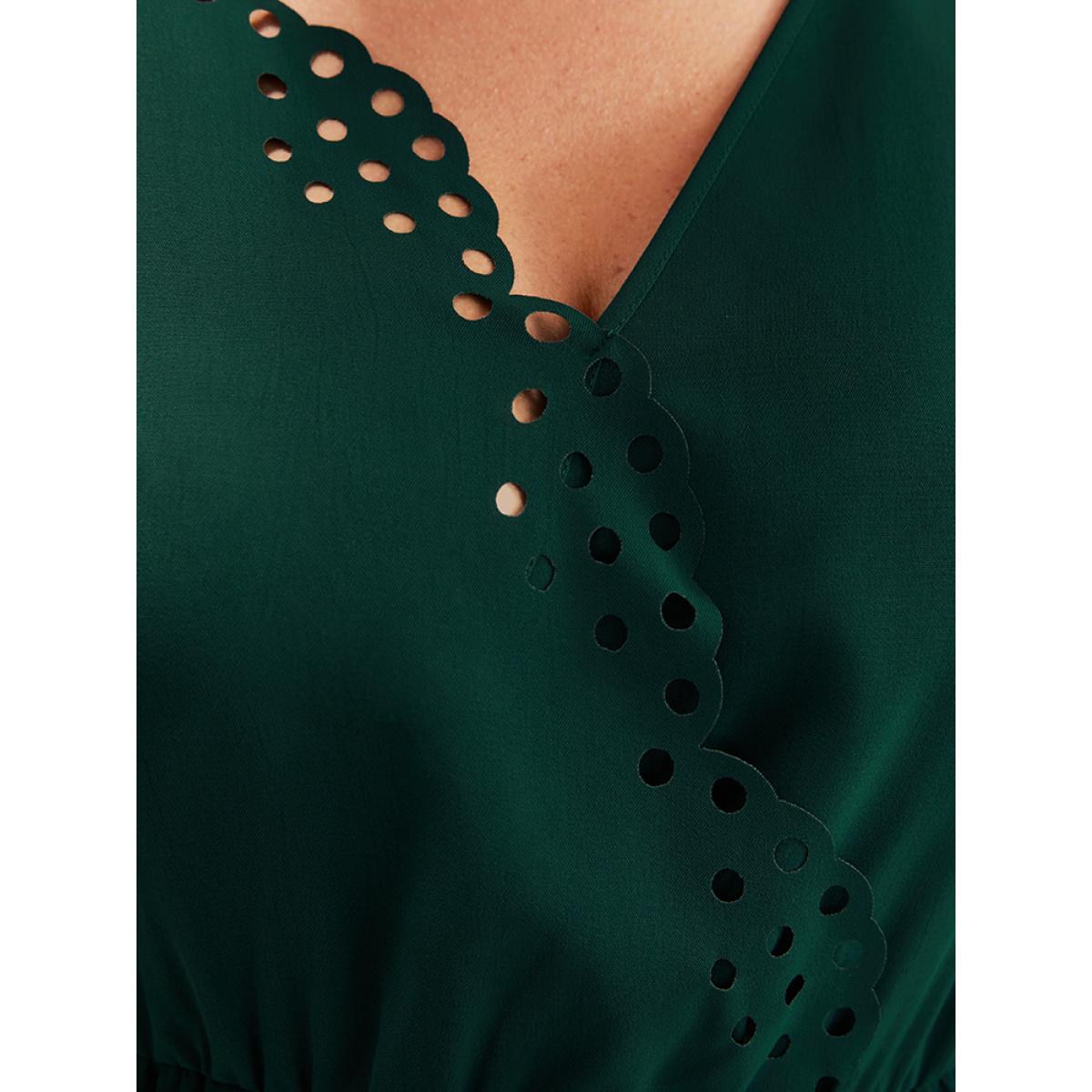 Plus Size Solid Bell Sleeve Wrap Laser Cut Flutter Hem Maxi Dress Green Women Elegant Cut-Out V-neck Long Sleeve Curvy Long Dress BloomChic 10/M Product Image
