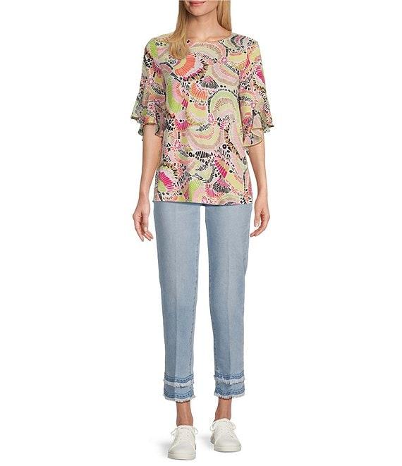 Multiples Petite Size Stretch Denim Eyelet Fringe Hem Pull-On Cropped Jeans Product Image