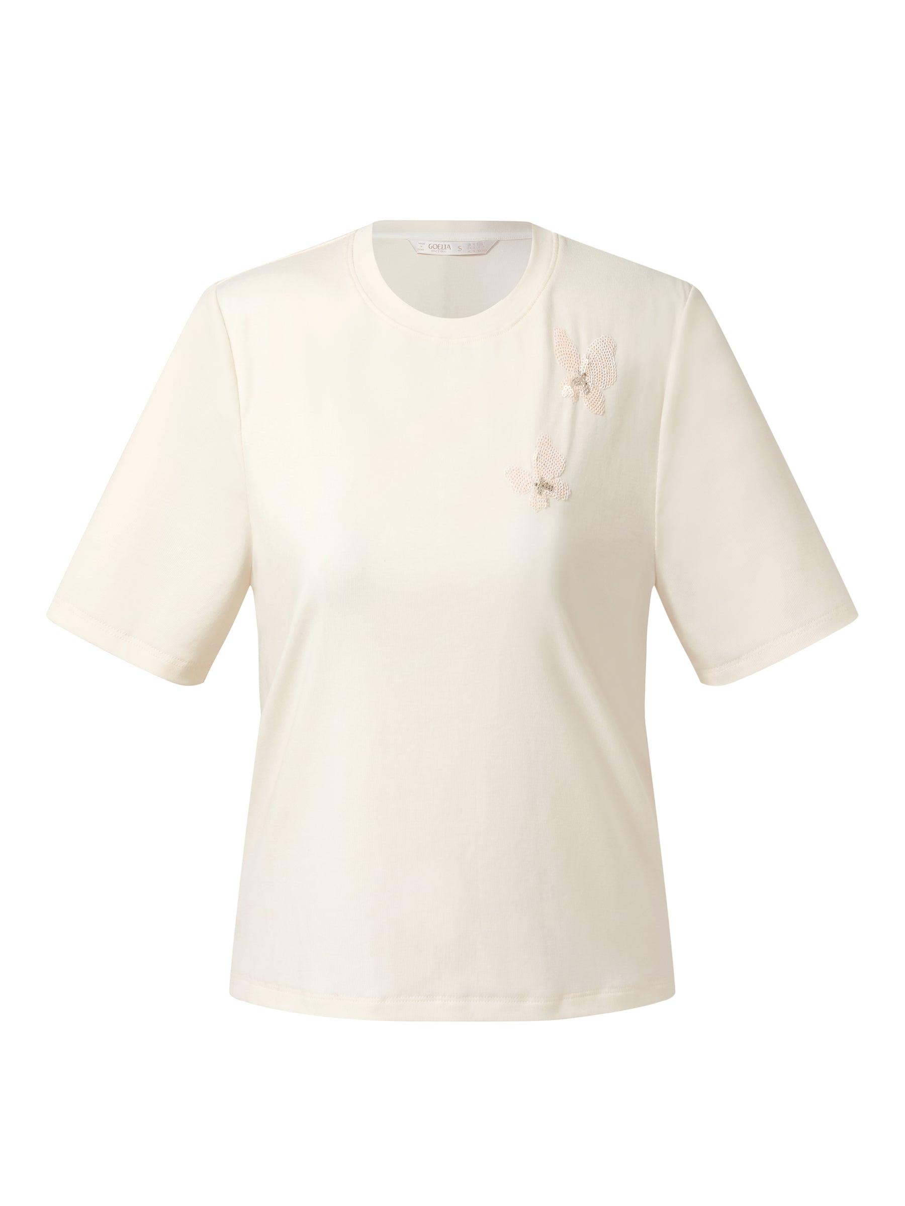 Tencel Blend Butterfly Sequined Embroidered Women T-Shirt Product Image