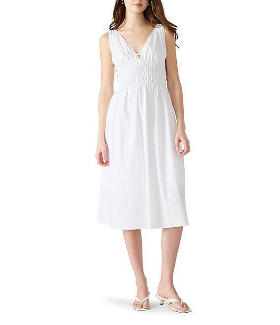 Steve Madden Kassie Bead Embellishment Smocked V-Neck Sleeveless Poplin Dress Product Image