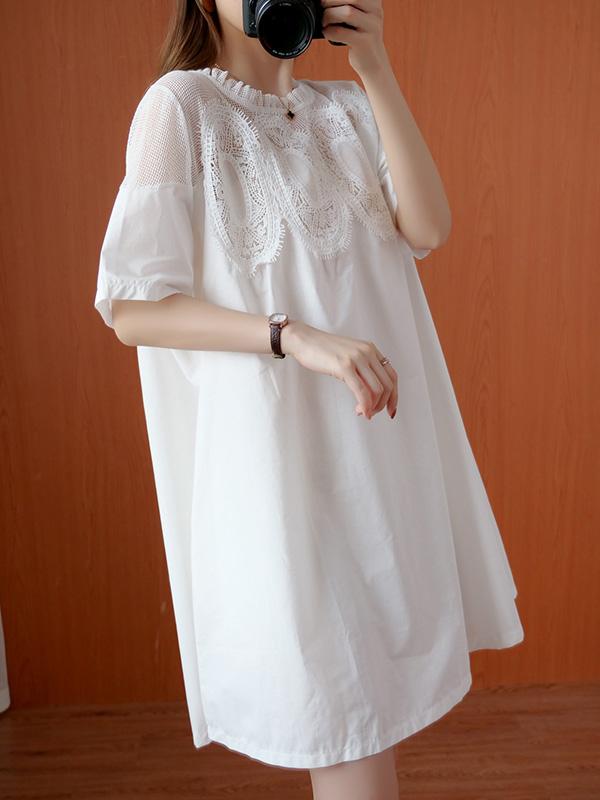 Original Solid Lace Split-Side Short Sleeve A-Line Mini Dress Product Image