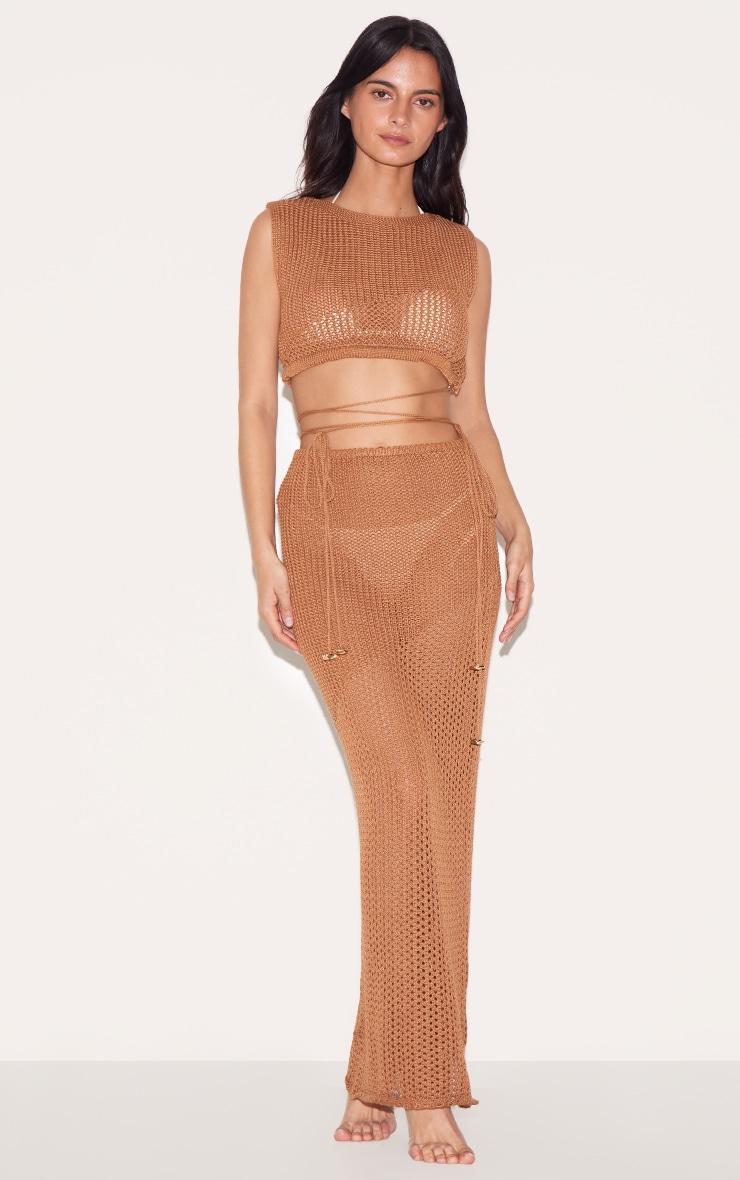 Brown Crochet Trim Detail High Neck Beach Top Product Image