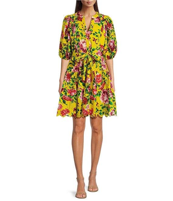 Gibson & Latimer Floral Eyelet Split Neck Elbow Puff Sleeve Button Front Scallop Hem Dress Product Image