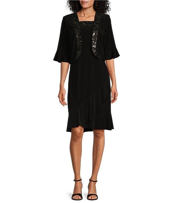 Le Bos Square Neck 3/4 Bell Sleeve Sequin Trim 2-Piece Jacket Dress Product Image
