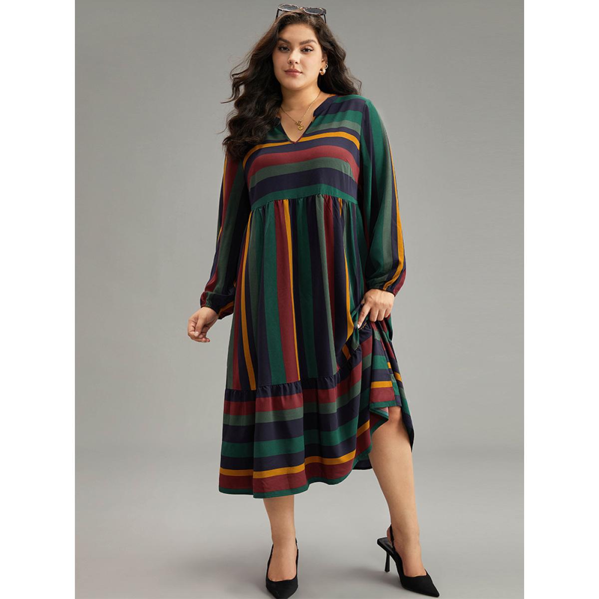 Plus Size Rainbow Striped Notched Patchwork Dress Multicolor Women Office Elastic cuffs Notched collar Long Sleeve Curvy Midi Dress BloomChic 30/6X Product Image