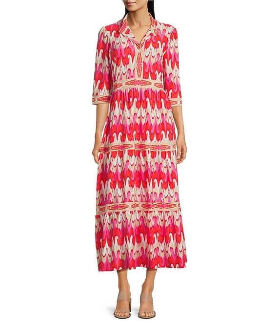 Jude Connally Candy Paradise Ikat Print Jude Cloth Knit V-Neck 3/4 Sleeve A-Line Tiered Maxi Dress Product Image