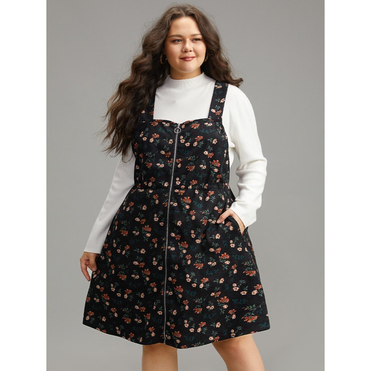 Plus Size Ditsy Floral Corduroy Pocket Zipper Fly Cami Dress Black Women Casual Printed Square Neck Sleeveless Curvy Knee Dress BloomChic 18-20/2X Product Image
