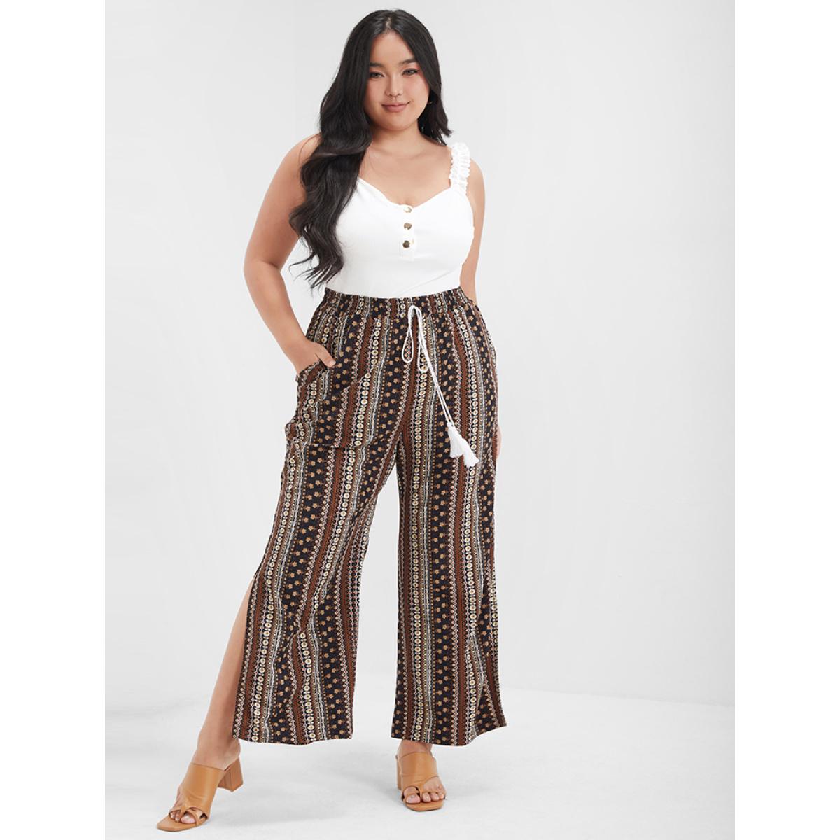 Plus Size Ditsy Floral Tassel Ties Front Pocket Split Pants Women Brown Vacation High Rise Dailywear Pants BloomChic 10/M Product Image