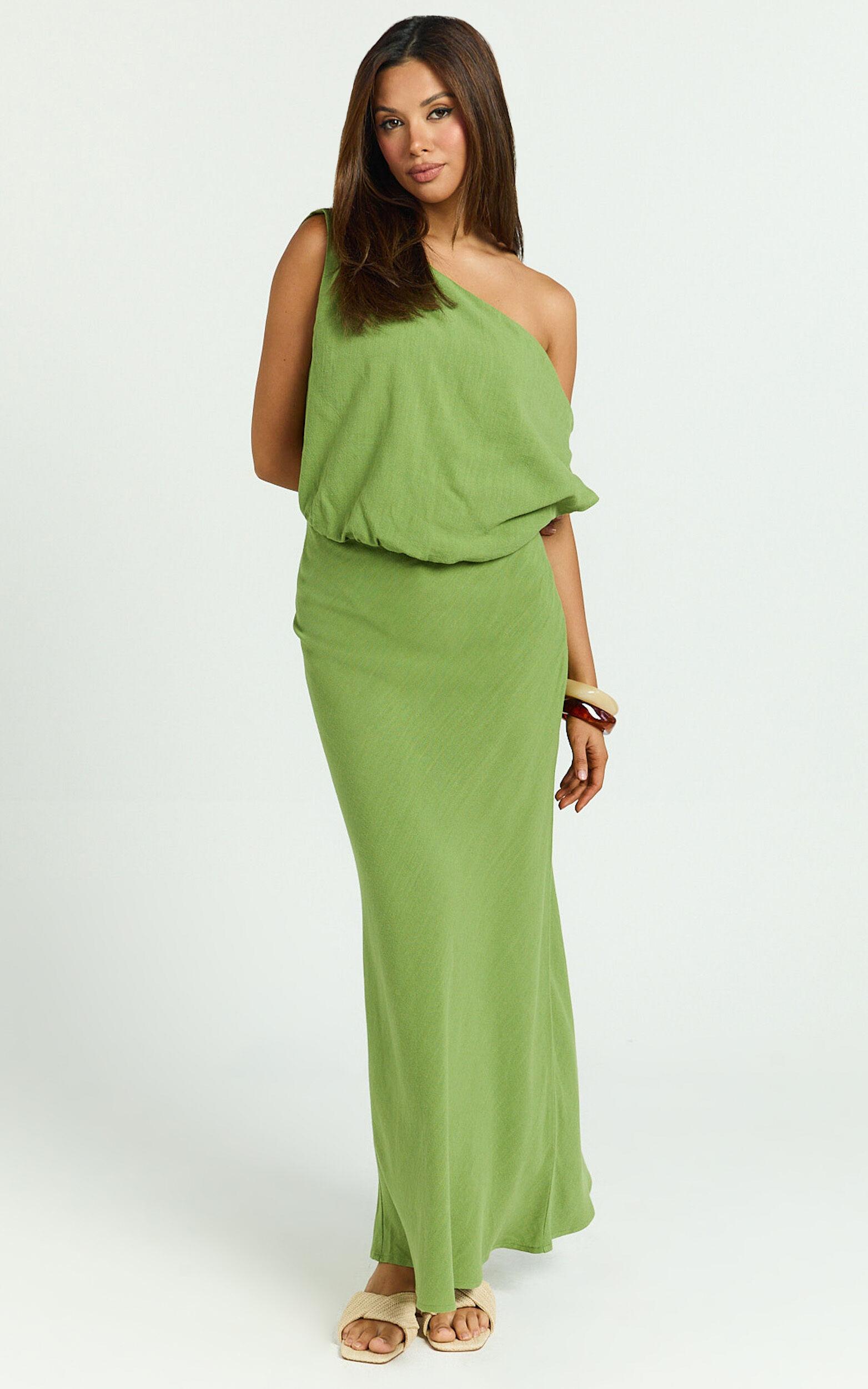 Jacqueline Midi Dress - Linen One Shoulder Dress in Green Product Image