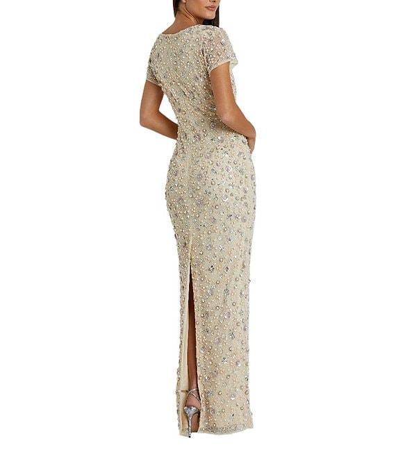 Mac Duggal Embellished Floral Mesh Boat Neck Short Sleeve Blouson Gown Product Image