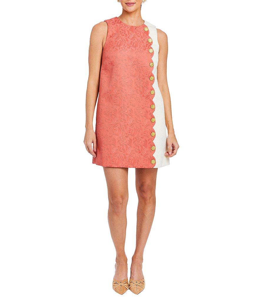 Mestiza New York Etta Floral Swirl Tonal Jacquard Color Block Side Scallop Button Trim Mini Shift Dress Product Image