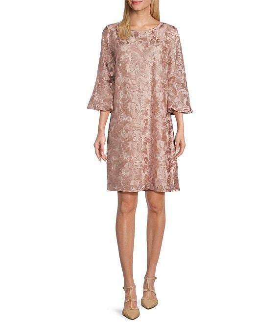 Caroline Rose Bella Soiree Embroidered Mesh Lace 3/4 Bell Sleeve Shift Dress Product Image