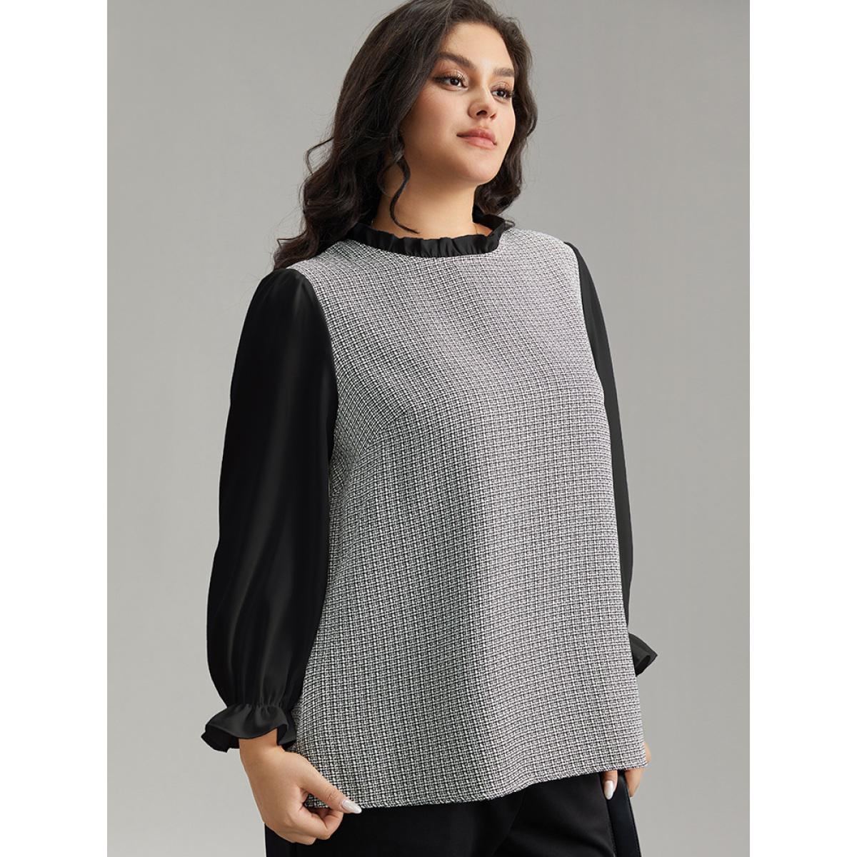 Plus Size Black Gingham Ruffles Patchwork Frill Trim Blouse Women Office Long Sleeve Stand-up collar Work Blouses BloomChic 18-20/2X Product Image