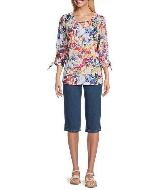 Allison Daley Flower Swirl 3/4 Tie Sleeve Keyhole Neck Knit Top Product Image