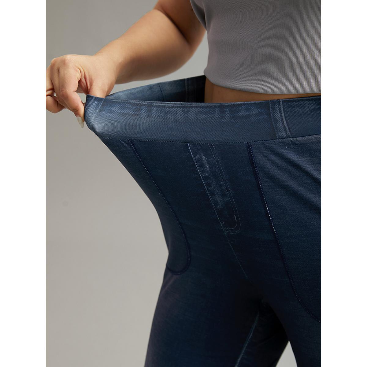 Plus Size Denim Effect Print Elastic Waist Flare Leg Leggings Women Stone Casual High stretch Flare Leg High Rise Everyday Leggings BloomChic 22-24/3X Product Image