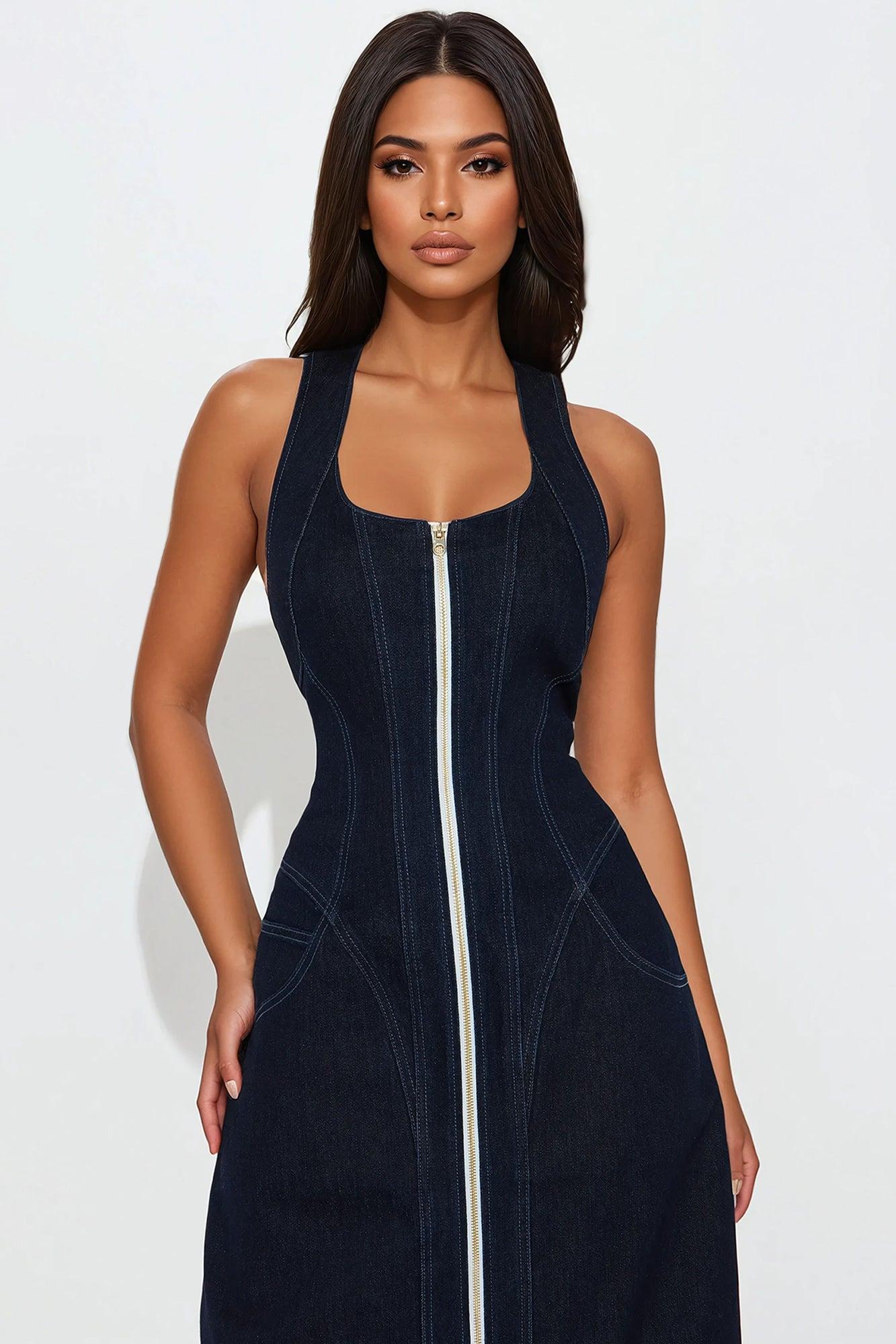 Who's She Denim Maxi Dress - Dark Wash Product Image