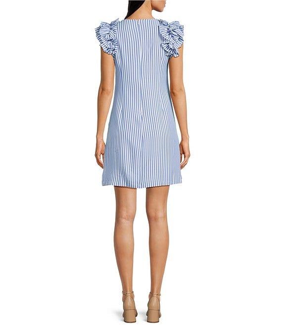 Jessica Howard Petite Size Stripe Seersucker Crew Neck Ruffle Shoulder Sleeveless Shift Dress Product Image