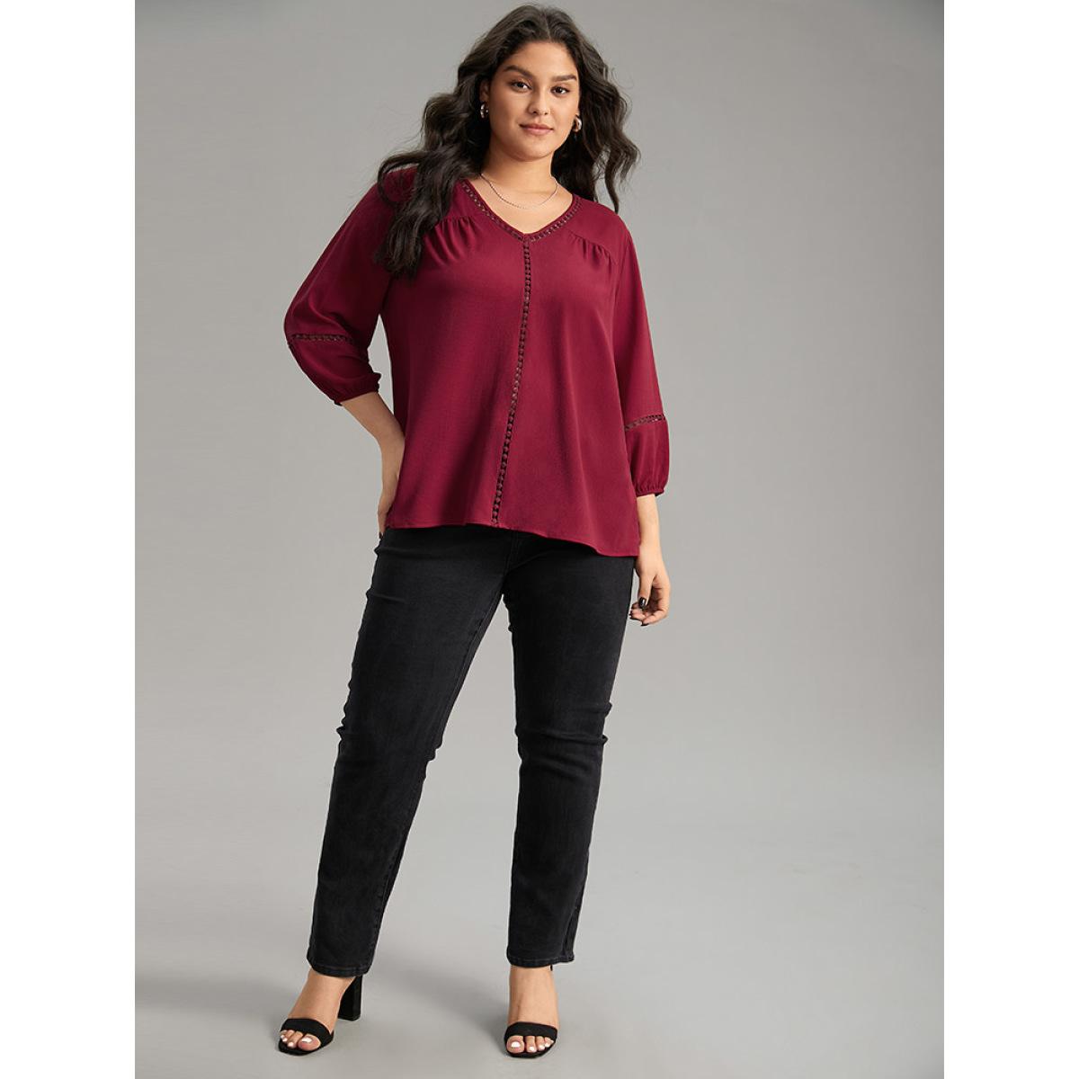 Plus Size Scarlet Plain Lace Patchwork Gathered Lantern Sleeve Blouse Women Elegant Elbow-length sleeve V-neck Dailywear Blouses BloomChic 28/5X Product Image