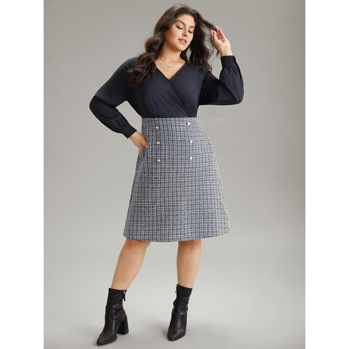 Plus Size Gingham Coarse Tweed Pocket Overlap Collar Dress DarkBlue Women Elegant Texture Overlap Collar Long Sleeve Curvy Midi Dress BloomChic 22-24/3X Product Image