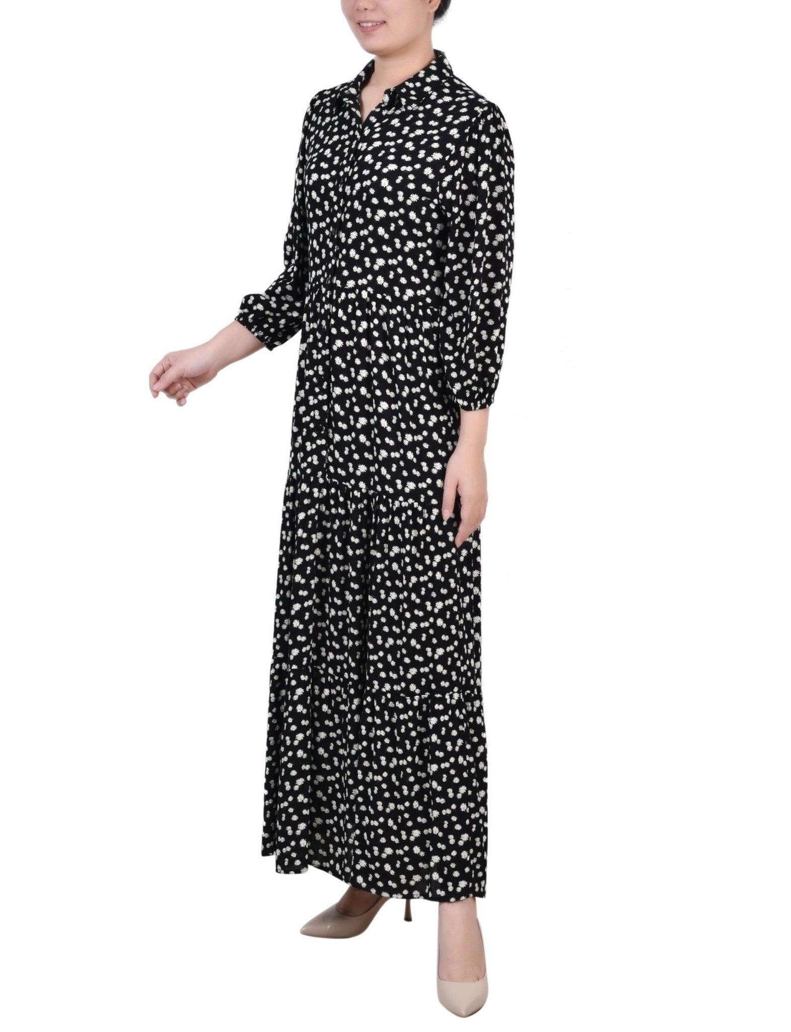 Black White Disty Floral 3/4 Sleeve Crinkle Tiered Maxi Dress - Petite Product Image