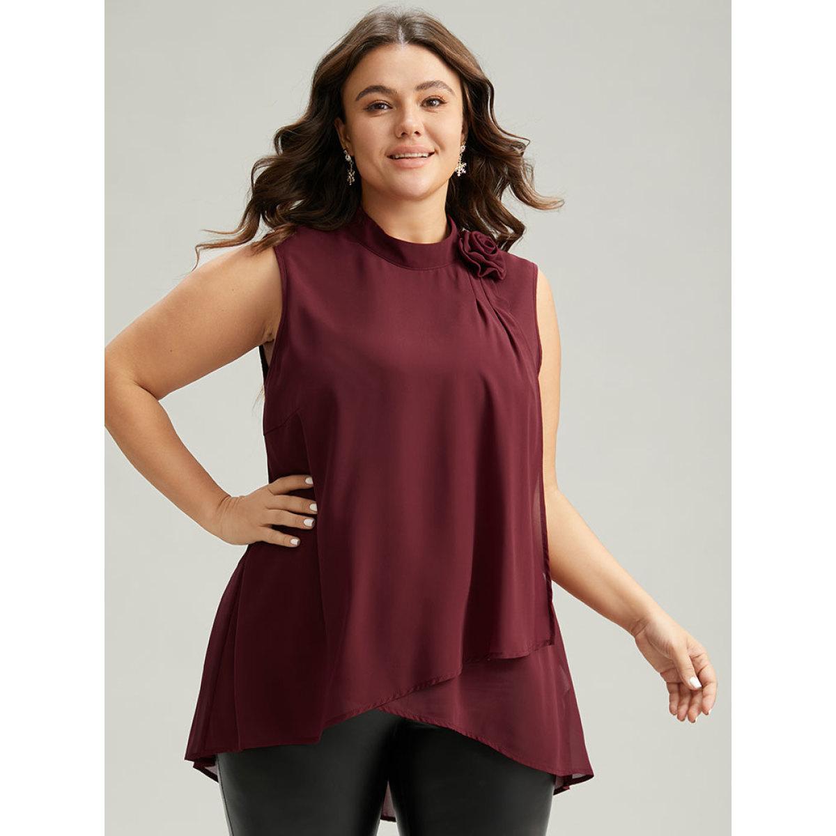 Plus Size Rose Detail Layered High Low Hem Chiffon Tank Top Women Burgundy Casual Plain Mock Neck Festival-Christmas Tank Tops Camis BloomChic 18-20/2X Product Image