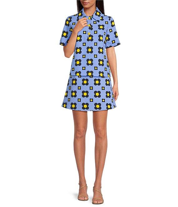 Tara Jarmon Tania Coordinating Geometric Daisy Print Horizon Point Collar 3 Button Placket Short Sleeve Shirt Product Image